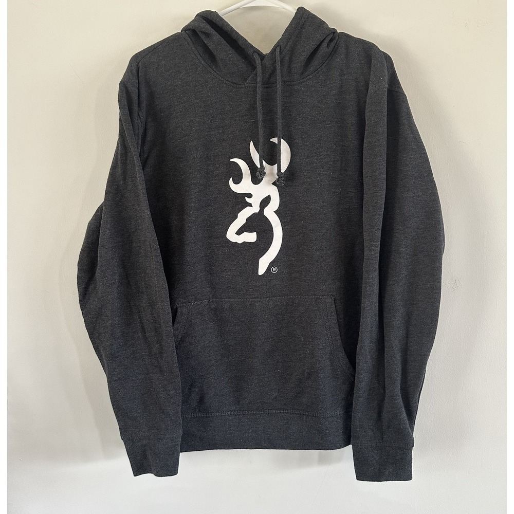 Men's Browning Heather Gray Hoodie Pullover Sweatshirt Medium Size Hunting Deer